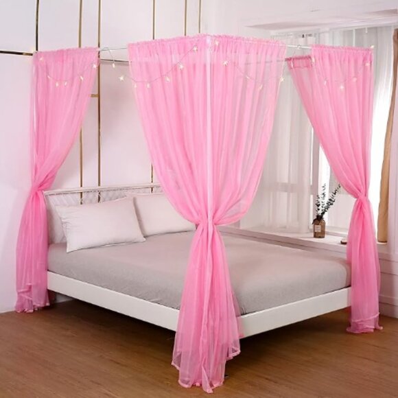 Baby Pink Bed Canopy Panels Curtains with Star Lights (Fits up to a King) - Picture 1 of 5